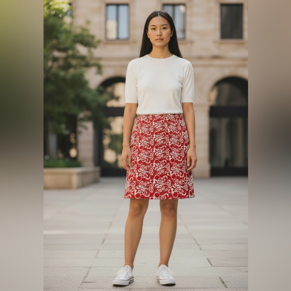 Talbots Pencil Skirt Woman’s Red Cream Lacy Floral Lined Sz 6 EUC